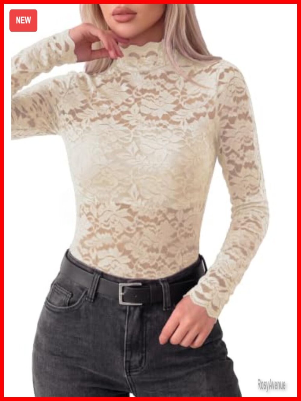 Lace Long Sleeve Sheer Mesh Blouse, Mock Neck, Stretchy & Lightweight